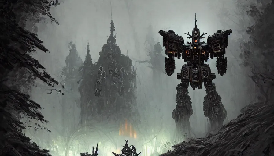 Image similar to mech covered in armor with elden ring aesthetic, ancient metal, artifact machine, glowing lights, piloted by mysterious creatures, gundam and robocop aesthetic, beautiful forests and trees, gothic castles and towers, small people with torches, intricate detail, baroque, art by darek zabrocki and John Park and Feng Zhu and Jason Chan, trending on artstation, masterpiece.