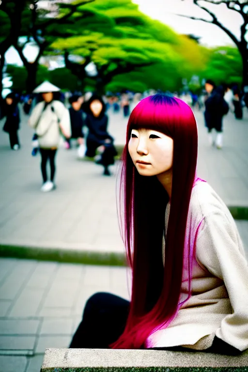 Image similar to photography masterwork, portrait of a beautiful japanese woman with dyed hair sitting in ueno park, shot on a canon 5 d mark iii with a 3 5 mm lens aperture f / 5. 6, dslr camera, film grain, kodak film, dynamic composition, close up, full res