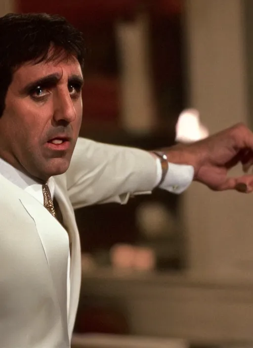 Image similar to film still of Michael Scott as Tony Montana in Scarface.