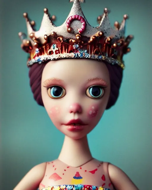 Image similar to closeup face profile portrait of a tin toy fairytale princess wearing a crown eating cakes, bikini, depth of field, zeiss lens, detailed, symmetrical, centered, fashion photoshoot by nicoletta ceccoli, mark ryden, lostfish, hyperrealistic, octane render