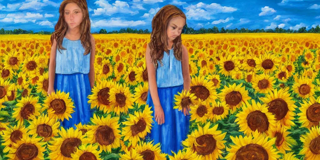 Prompt: painting of a girl standing in a field of sunflowers with blue sky above