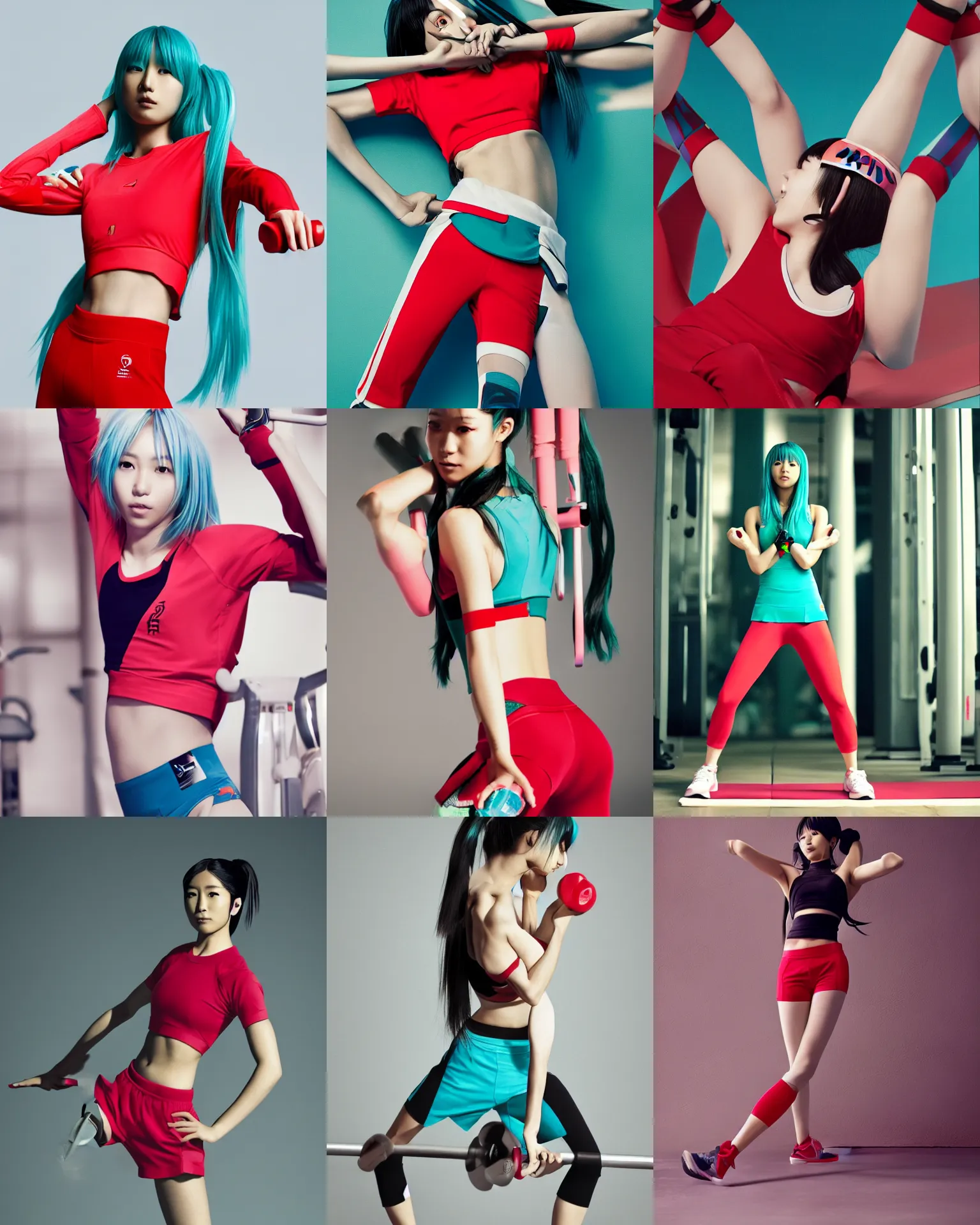 Prompt: hatsune miku wearing crop red gym top, crop red yoga short, Advertising photography by Mario Testino, masterwork, cgstudio