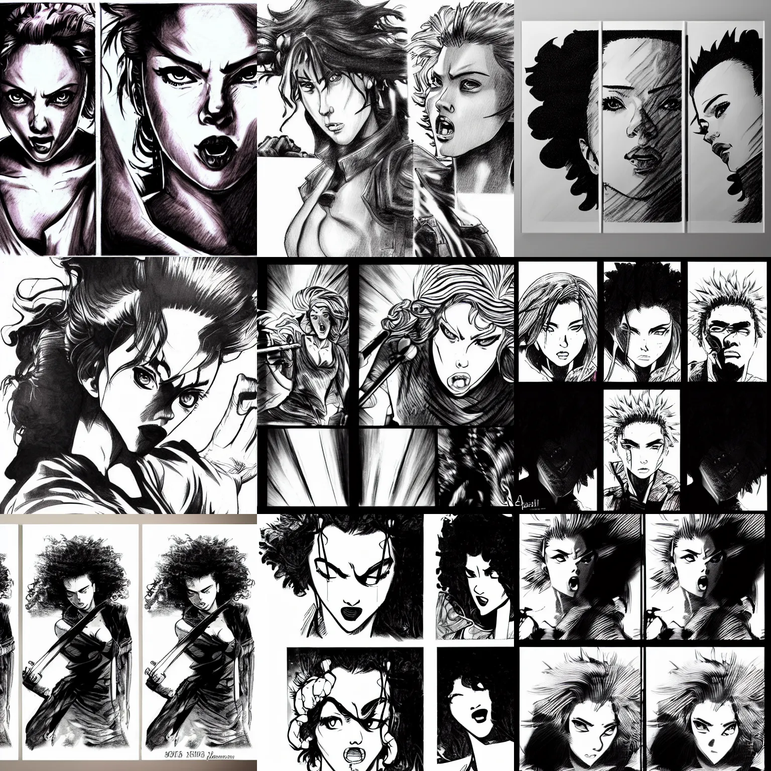 Prompt: 3 panels of scarlett johansson with angry expression, throwing punch, afro samurai anime. dramatic lighting, anime style, pencil and ink manga drawing,