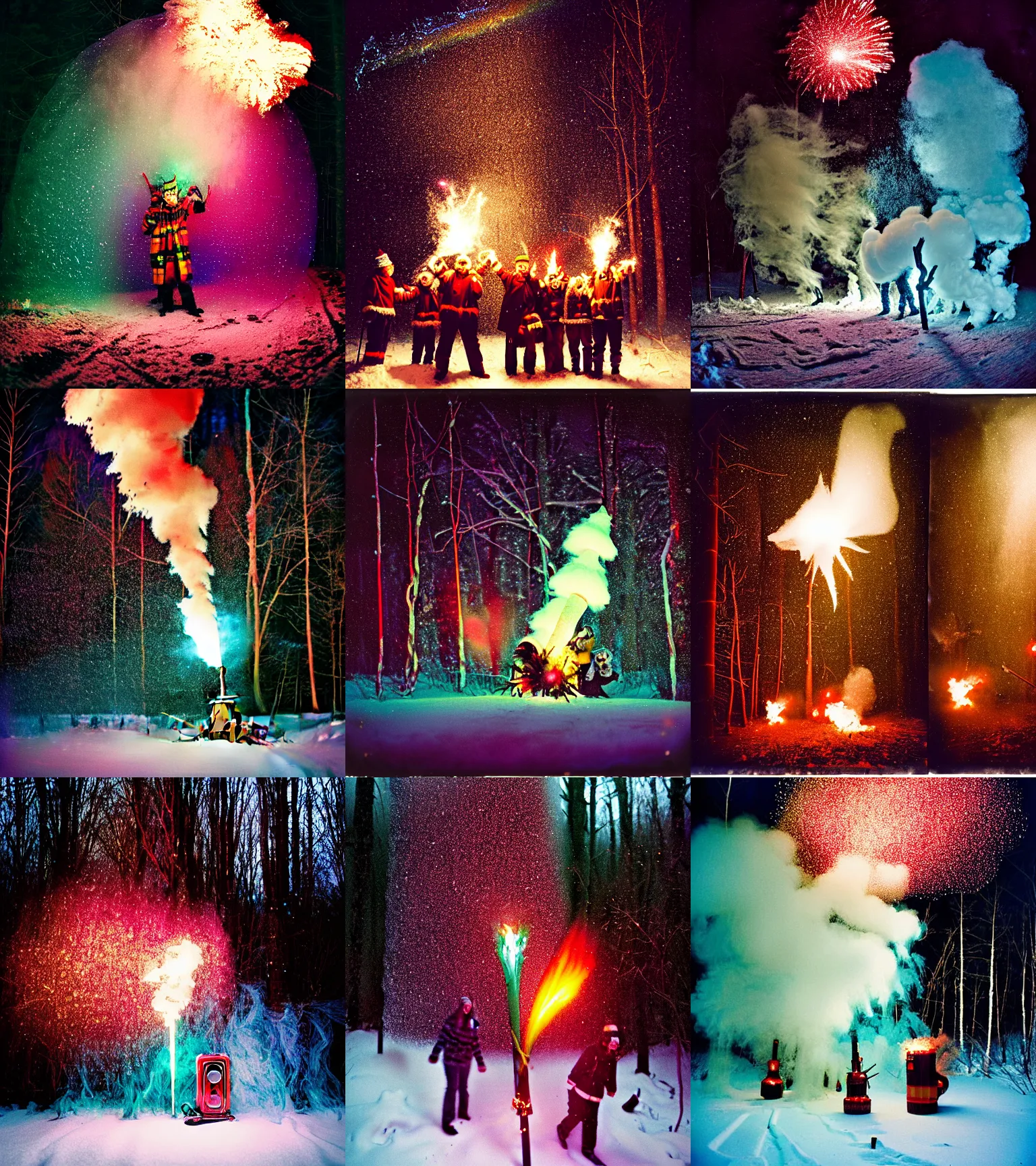 Prompt: kodak portra 4 0 0, wetplate, winter, snowflakes, rainbow coloured rockets, chaos, glitter tornados, award winning dynamic photo of a bunch of hazardous krampus between exploding fire barrels by robert capas, motion blur, in the forest at night with colourful pyro fireworks and torches, teal lights