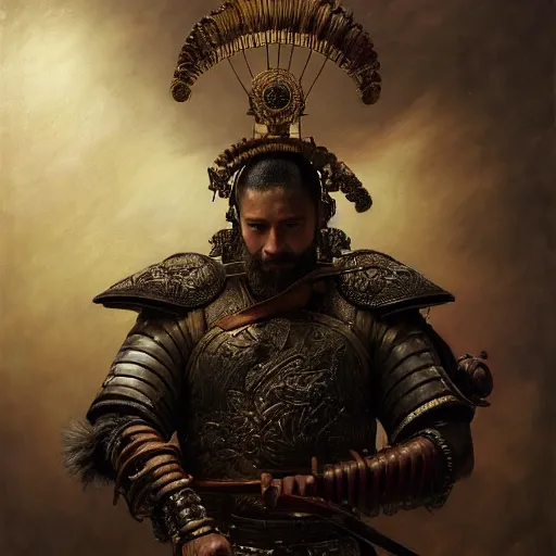 Image similar to highly detailed oil painting | very intricate | cinematic lighting | award - winning | the mayan samurai in full armor | by roberto ferri, by tom bagshaw, by j. c. leyendecker and klimt, beautiful cinematic light, american romanticism, by austin osman spare, artstation, cgsociety, official art, octane