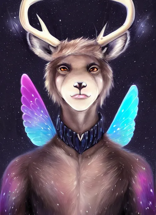 Image similar to award winning beautiful portrait commission of a male furry anthro Black Reindeer fursona with a tail, wings, wings, wings and a cute beautiful attractive detailed furry face wearing stylish black and rainbow galaxy clothes, outline, in a city at night while it rains. Character design by charlie bowater, ross tran, artgerm, and makoto shinkai, detailed, inked, western comic book art