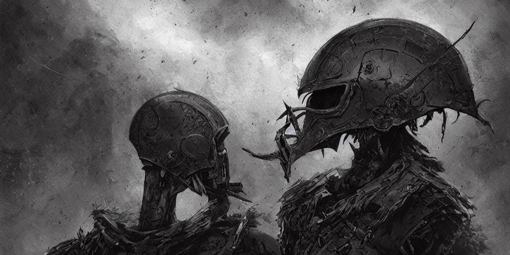 Prompt: crow skull knight helmet, grimdark, fantasy, trench crusade, terrifying, dark, fog, atmospheric cold lighting, dark souls, hyperrealistic, art by sparth