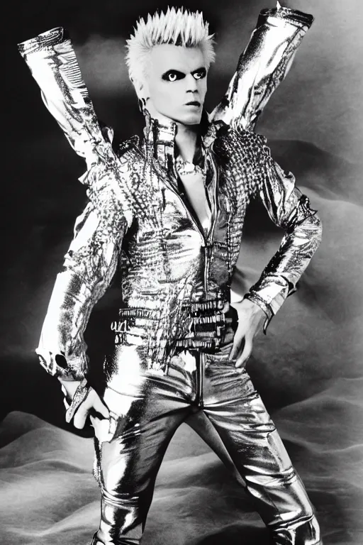 Image similar to portrait billy idol dressed in 1 9 8 1 space fantasy fashion, avante garde, shiny metal, standing in a desert