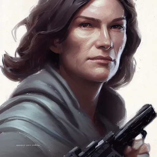 Image similar to portrait of a woman by greg rutkowski, grand jedi master jaina solo, star wars expanded universe, she is about 6 0 years old, wearing the tactical gear of the galactic alliance, highly detailed portrait, digital painting, artstation, concept art, smooth, sharp foccus ilustration, artstation hq