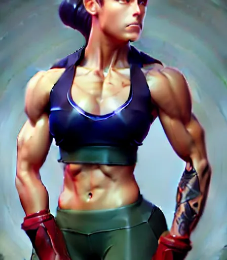 Image similar to beautiful portrait of a gorgeous personal trainer who looks like Cammy white , character design by charlie bowater, ross tran, artgerm, and makoto shinkai, detailed, soft lighting, rendered in octane