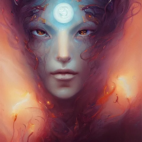 Image similar to a highly detailed beautiful portrait in the style of peter mohrbacher and in the style of jean delville. glowing runes of magical power.