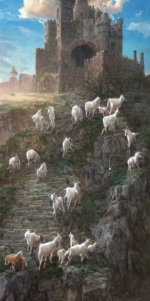 Prompt: a herd of goats! on stairs in a beautiful fantasy castle, medieval citadel, medieval cathedral, many goats, magic, tall towers, gorgeous clouds, colorful, sunrays, digital painting, landscape, octane render, unreal engine, high detail, very realistic, by greg rutkowski. by james gurney