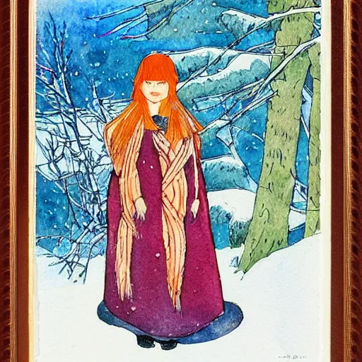 Prompt: winter girl watercolor by bilibin