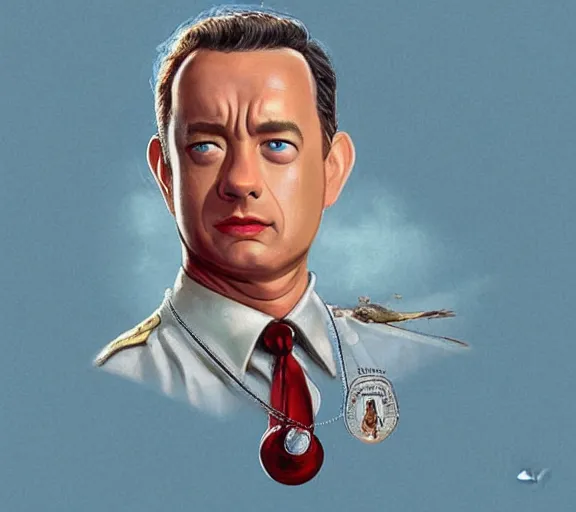 Image similar to Tom hanks as forrest gump wearing a shrimp necklace, realistic face, digital art, in the style of Raphael Lacoste, amazing detail, artstation