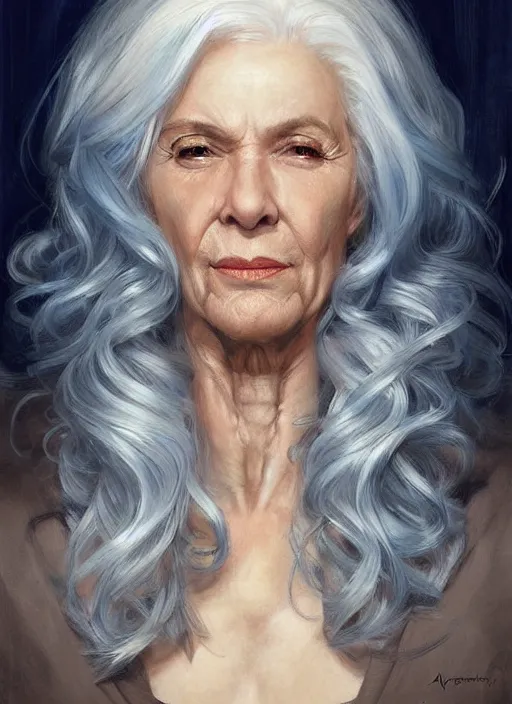 Prompt: portrait of a mature woman with long curly brown with white hair and blue eyes, a lot of wrinkles, beautiful painting by artgerm and greg rutkowski
