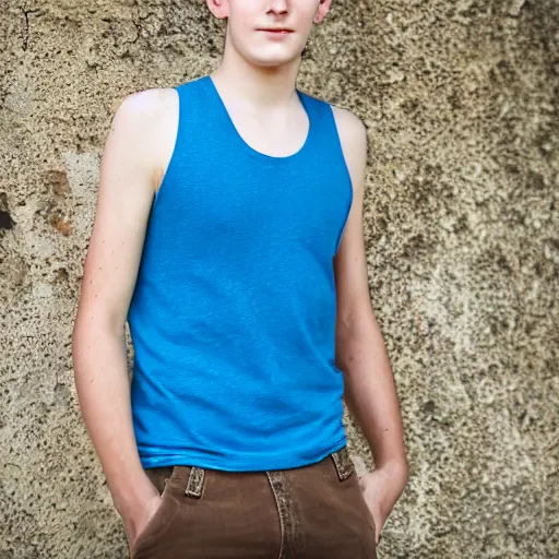 Image similar to Portrait of a 21 yo boy with natural brown hair, smooth pale skin. Net fischer net tank top. Detailed face. Blue sky.