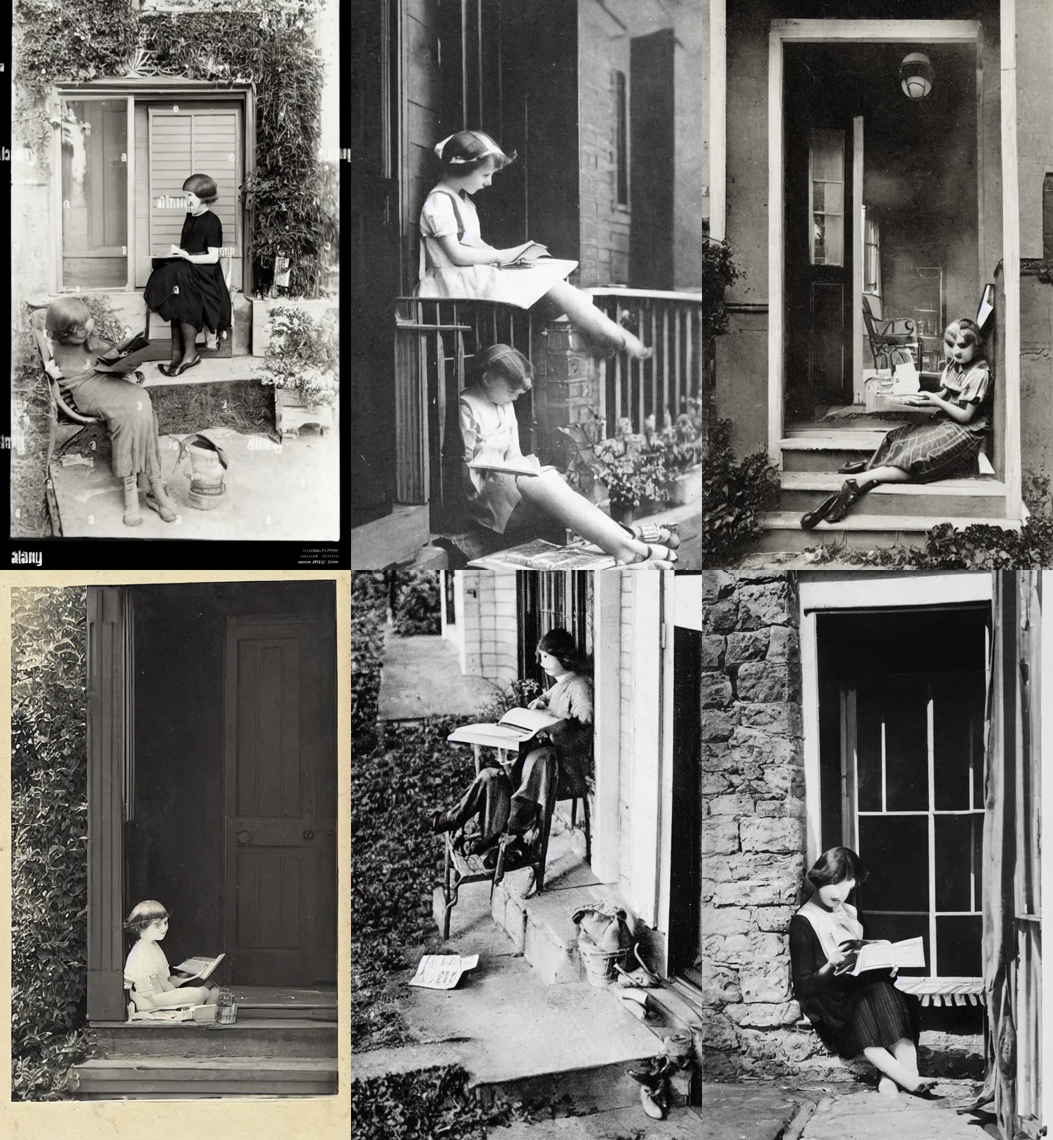Prompt: girl studying on a front porch, books all over the place, photography illustration 1920s