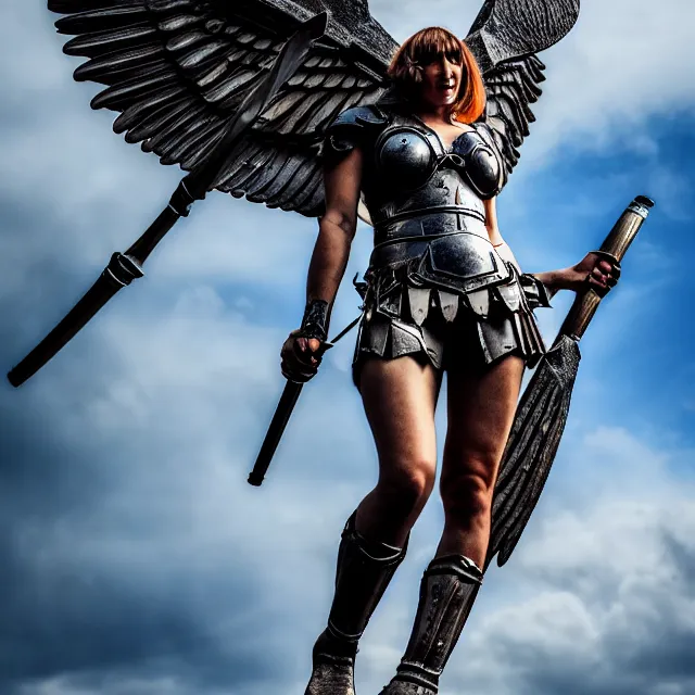 Image similar to photo of a real - life winged valkyrie warrior with light powers, highly detailed, 4 k, hdr, smooth, sharp focus, high resolution, award - winning photo