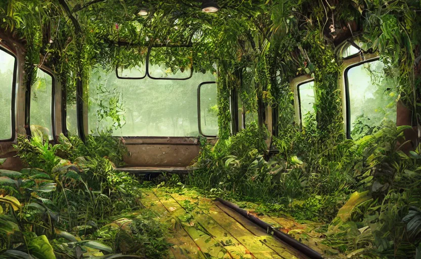 Image similar to A beautiful interior of an overgrown bus full of lush plants, rich vines and verdant flowers, digital art, trending on Artstation, thick atmosphere, fireflies flying around, 4k wallpaper