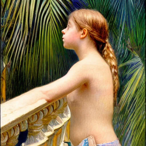 Image similar to a ultradetailed beautiful painting of a girl in the amazonas palace balustrade designed by jules bastien - lepage, hans belmer, frank weston and gustave baumann, beach, trending on artstation, mediterranean, palm trees, refracted color sparkles, sharp focus, soft light, 8 k 4 k