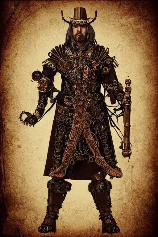 Prompt: beautiful calm bright ai generated fullbody character illustration of a very old timetraveller highpriest in ornated wooden armor and decorated sacred outfit and heavily equipped with steampunk cyberwares. rendered by machine.delusions. inspired by: @machine.delusions on instagram. Slightly reminds to boris valejho style. Fullbody portrait uncut centered cinematic, dramatic pose medieval combined with steampunk