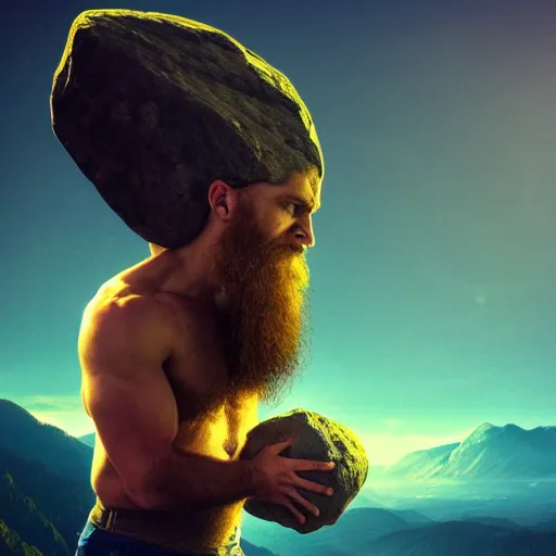 Prompt: a man holding a boulder over his head, backlit, fantasy art, bulging veins, long beard, red hair, mountains in the background