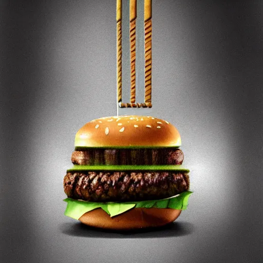 Prompt: a very tall burger, tall, hamburger, illustration, concept art, fantasy, ultra realistic