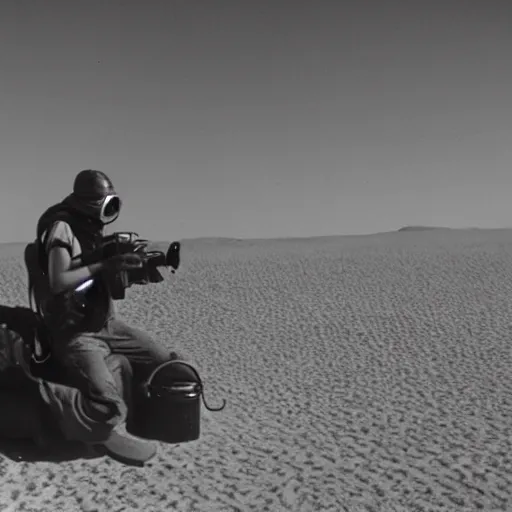 Image similar to a man wearing a gasmask, heavily equipped, in the desert, film still, arriflex 35