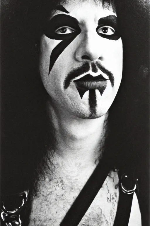 Image similar to portrait of lost member of rock band Kiss, 1975, 35mm lens, grainy