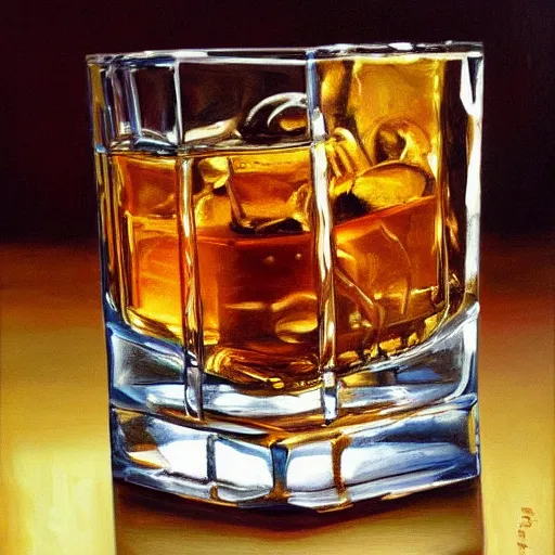 Prompt: a glass of whiskey, extremely detailed masterpiece, oil on canvas, by michael godard,