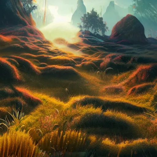 Prompt: landscape of an alien planet, beautiful, atmosphere, vibe, mist, esotic flowers, strange animals, alien plants, concept art illustration, color page, tone mapping, volumetric lighting, sunbeams, particles