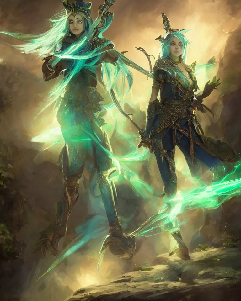 Image similar to portrait of a fantasy half - elf girl with green and blue balayage hair, holding a flintlock pistol, rapier on side, elven clothing, thigh high boots, glowing aura, 4 k, matte painting, greg rutkowski, artstation, concept art