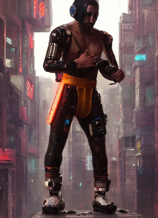 Prompt: cyberpunk olympic kickboxer with robotic arms wearing a jumpsuit ( blade runner 2 0 4 9, cyberpunk 2 0 7 7 character design ). orientalist portrait by john william waterhouse and james gurney and theodore ralli and nasreddine dinet, oil on canvas. cinematic, hyper realism, realistic proportions, dramatic lighting, high detail 4 k