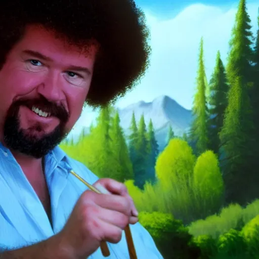 Image similar to a closeup photorealistic photograph of bob ross working on an image of kenny powers autographing a baseball, painting on a canvas. mountains and trees. film still. brightly lit scene. this 4 k hd image is trending on artstation, featured on behance, well - rendered, extra crisp, features intricate detail, epic composition and the style of unreal engine.