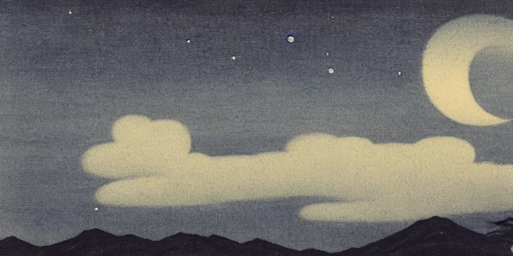 Prompt: cloudy night sky by ohara koson, 1 9 1 0