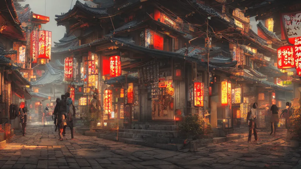 Prompt: immersed in oriental, cyberpunk, japanese village, octane render, fantasy,, hyperrealistic, highly detailed, 4 k hd