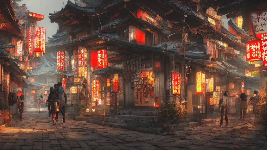 immersed in oriental, cyberpunk, japanese village, | Stable Diffusion