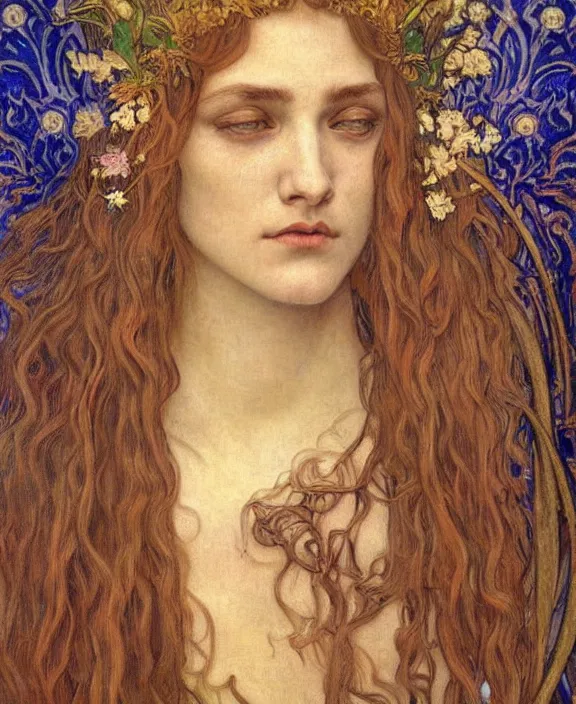 Image similar to detailed realistic beautiful young medieval queen face portrait by jean delville, alphonse mucha, vincent van gogh, and marco mazzoni, art nouveau, symbolist, visionary, gothic, pre - raphaelite