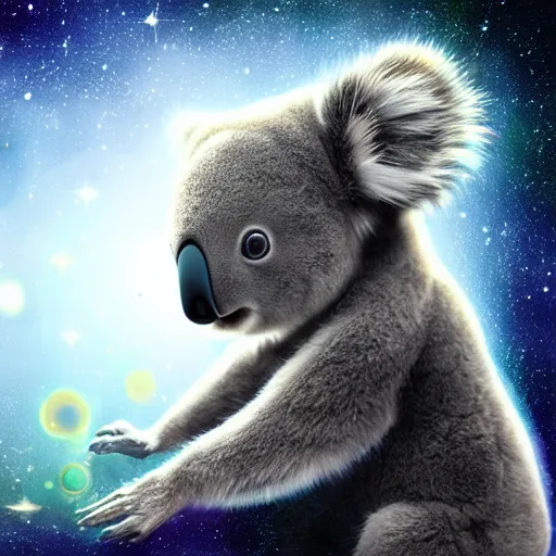 Prompt: a very cute galactic alien baby koala, photorealistic digital art, hyper detailed