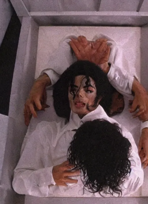 Image similar to photo still of michael jackson unconscious inside a coffin, full-shot, 4k