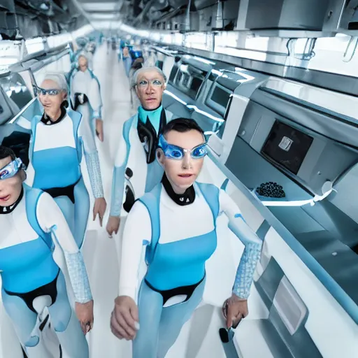 Image similar to group of weird athletic humans with light blue neoprene suits and white hair standing in tight formation on a conveyor belt, advanced futuristic laboratory, sci - fi, highly detailed, hyperrealistic