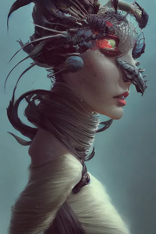 Image similar to A fancy portrait of a beautiful Jorōgumo creature by Greg Rutkowski, beeple, Sung Choi, Mitchell Mohrhauser, Maciej Kuciara, Johnson Ting, Maxim Verehin, Peter Konig, final fantasy, 8k photorealistic, cinematic lighting, HD, high details, dramatic, dark atmosphere, trending on artstation