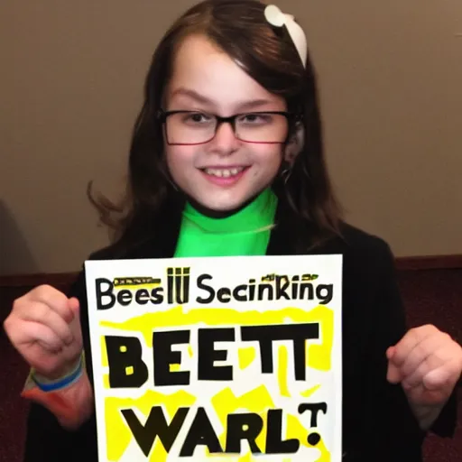 Image similar to award winning photo of the spelling bee champion holding a sign that says best speller