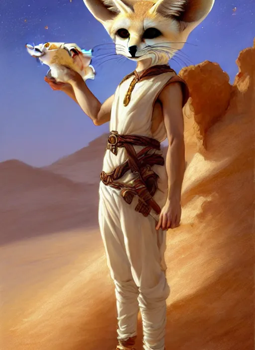 Prompt: harmony of desert, cute fennec fox hybrid jimin wearing greek clothes, amazing composition & dynamic posing, by franz xavier leyendecker, wlop! muted colors, highly detailed, fantasy art by craig mullins, thomas kinkade cfg _ scale 9