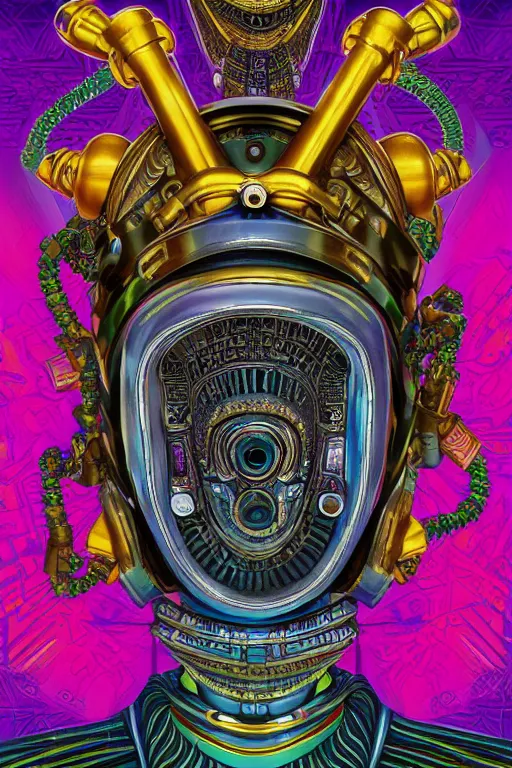 Prompt: a detailed portrait of a fashionable cyberpunk egyptian mayan deity aliens extraterrestrial wearing an ornate cyberdelic gas mask in the style of escher and william blake and stephen gammell and lisa frank in the style of adorable dark fantasy, fantasy, surrealism, crisp, award winning art, vivid colors, cmyk color scheme, low contrast, tilt shift, 8 k