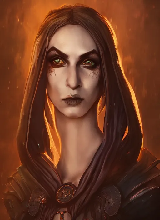 Prompt: A fantasy comic book style portrait painting of a vampiric female elf Sorcerer in a atmospheric dark fortress, unreal 5, DAZ, hyperrealistic, octane render, RPG portrait, ambient light, dynamic lighting