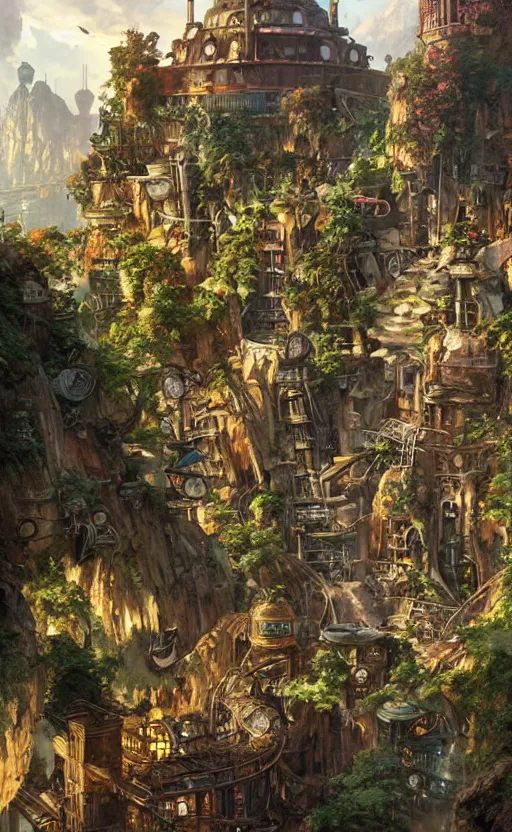 Image similar to steampunk city on a cliff, dense foliage poster art by kim jung giu and weta studio, and lucasfilm and jesper ejsing and norman rockwell greg rutkowski frank frazzeta