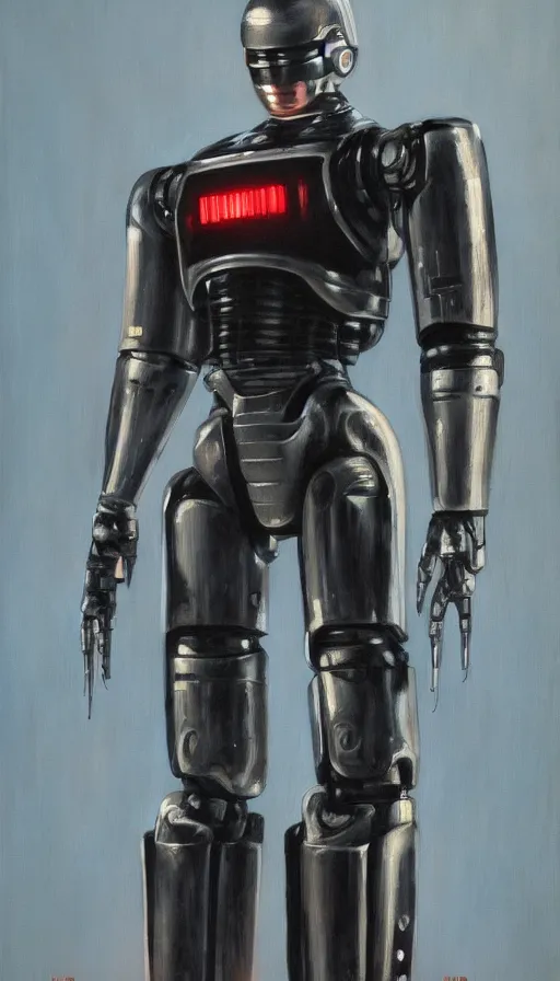 Image similar to robocop, oil painting, rim lighting, by jeff smith
