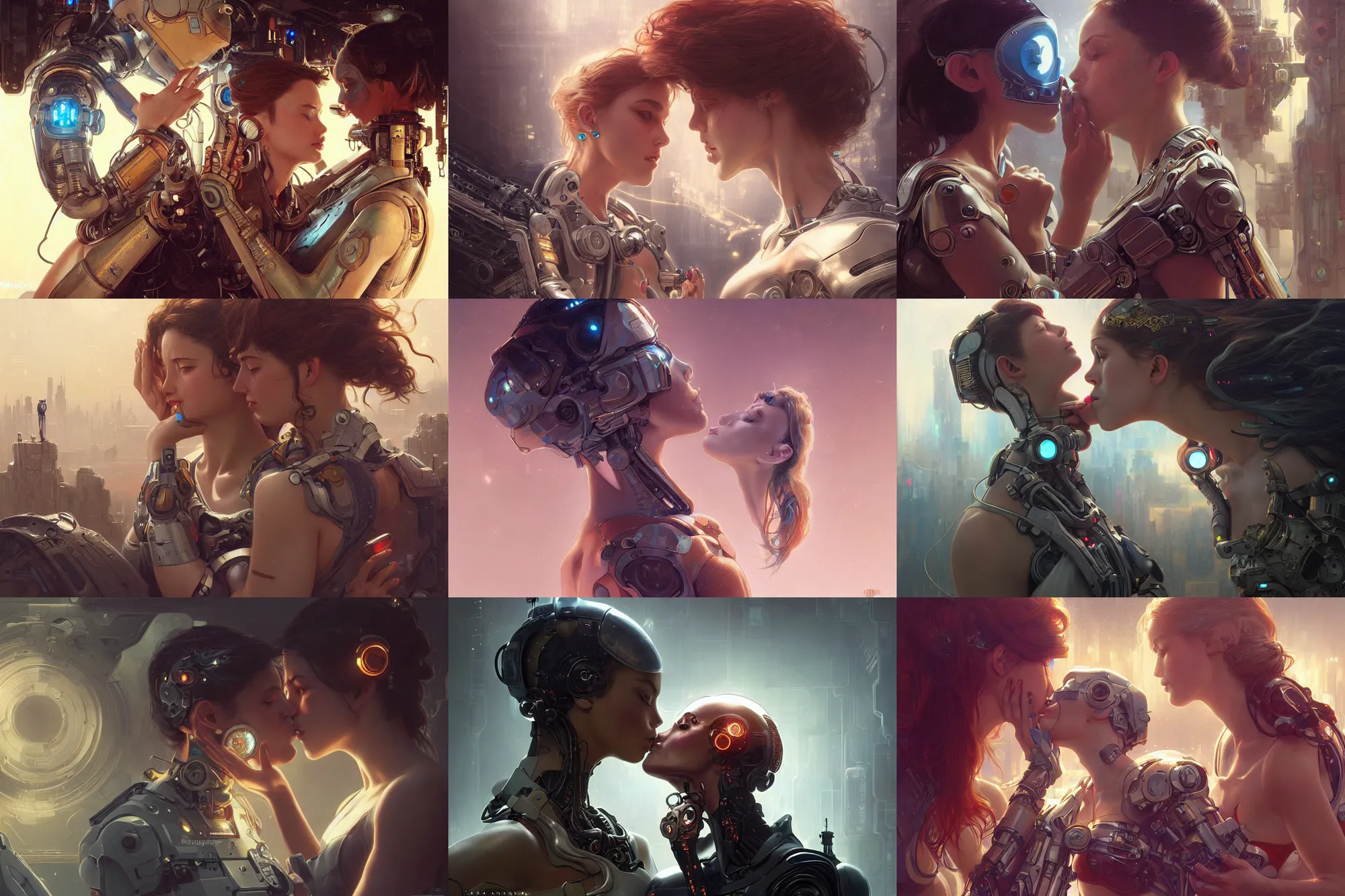 Image similar to Ultra realistic illustration, two women kissing a robot, cyberpunk, sci-fi, fantasy, intricate, elegant, highly detailed, digital painting, artstation, concept art, smooth, sharp focus, illustration, art by artgerm and greg rutkowski and alphonse mucha