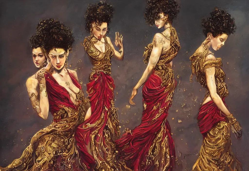 Image similar to full body portrait of a trio of 1 9 years old girl figures, curly messy high bun hairstyle, oriental tattoos, jeweled ornament over forehead, subject wearing a gold and black high fashion gown, flowing, ornate, beautiful, dramatic earth colors, with few fire red highlights, by jeremy mann and greg rutkowski, trending on artstation, oil on canvas